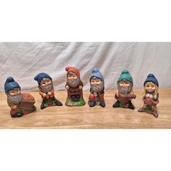 Other - Vintage Ceramic Garden Gnomes / Dwarfs Set Of 6 Hand Painted Pixie Girl Boy READ